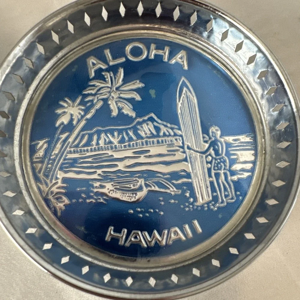 Vintage Hawaii Aloha Tin Metal Coasters Surfer Tiki Bar Man‎ Cave 3